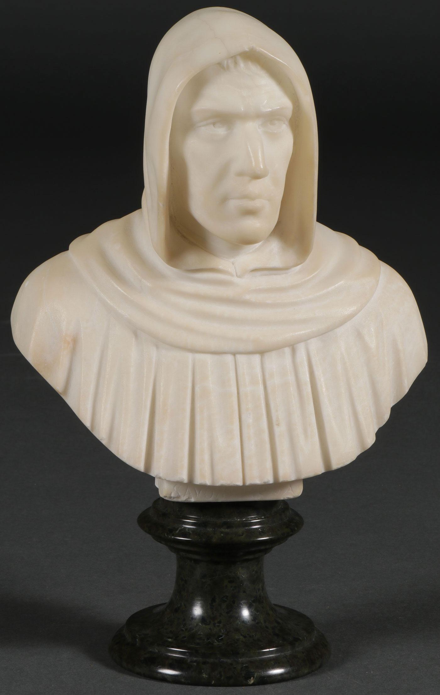 A CARVED ALABASTER BUST, ITALIAN C.1890: A CARVED ALABASTER BUST, ITALIAN C.1890. Comprising a carved alabaster bust of Girolamo Savonarola (1452-1498) after the original by Giovanni Dupre (Italian 1817-1882) and resting on a marble socle pe