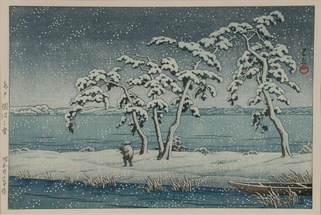 FOUR VINTAGE JAPANESE WOODBLOCK PRINTS: FOUR VINTAGE JAPANESE WOODBLOCK PRINTS. Comprising Kawase Hasui (Japanese 1883 - 1957) Snow at Hinuma Swamp - 1947, 9.5 inches x 14.1 inches (24 x 36 cm). Together with a portrait of a maiden in tradi