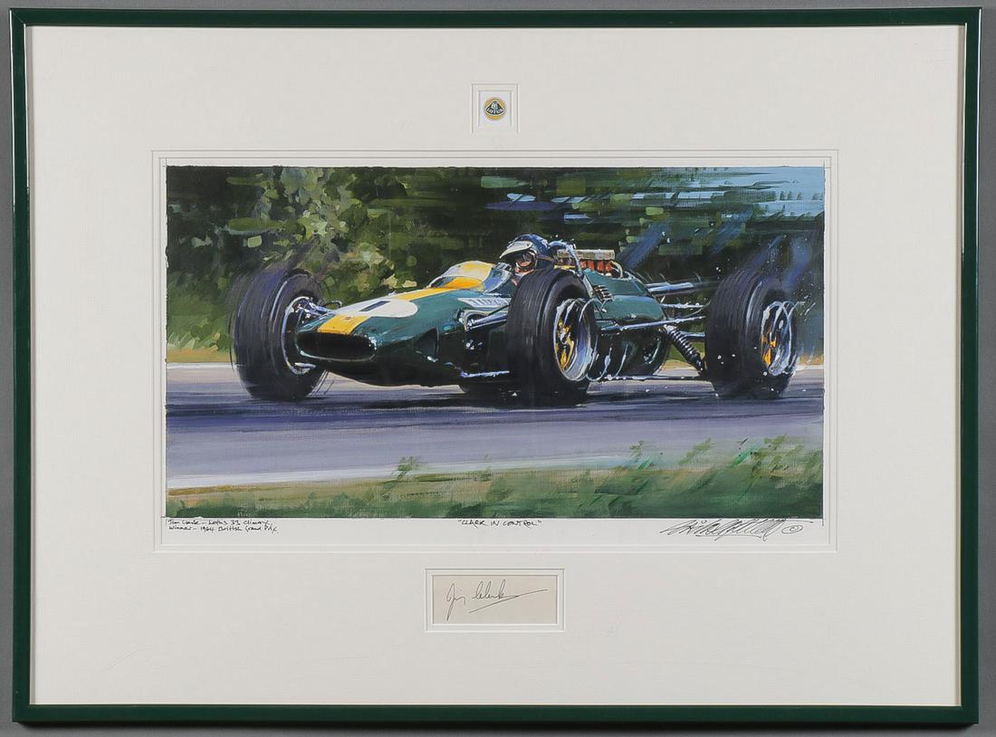 ORIGINAL FORMULA ONE PAINTING & JIM CLARK SIGNATURE: ORIGINAL FORMULA ONE PAINTING & JIM CLARK SIGNATURE. Comprising an original acrylic painting on paper by Nicholas Watts (British B. 1947) titled Clark in Control depicting the winning driver, Jim Clar