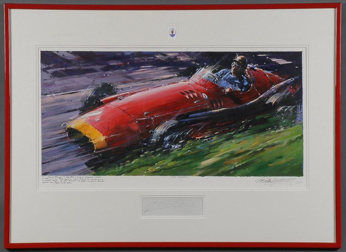 ORIGINAL FORMULA ONE PAINTING & FANGIO SIGNATURE: ORIGINAL FORMULA ONE PAINTING & FANGIO SIGNATURE. Comprising an original acrylic on paper painting by Nicholas Watts (British B. 1947) titled The Master and depicting Argentine driver Juan Manuel Fang