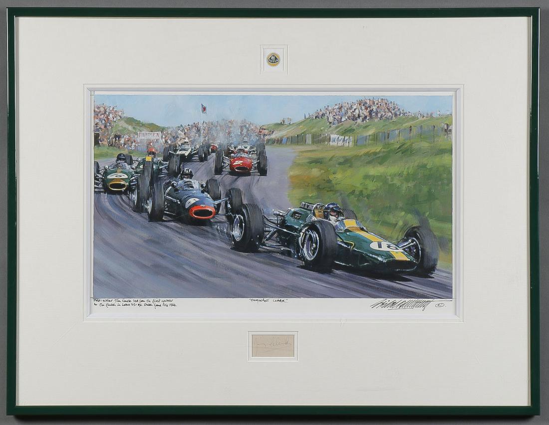 ORIGINAL FORMULA ONE PAINTING & JIM CLARK SIGNATURE: ORIGINAL FORMULA ONE PAINTING & JIM CLARK SIGNATURE. Comprising an original acrylic on canvas painting by Nicholas Watts (British B. 1947) titled Dominant Clark depicting British racer Jim Clark (1936