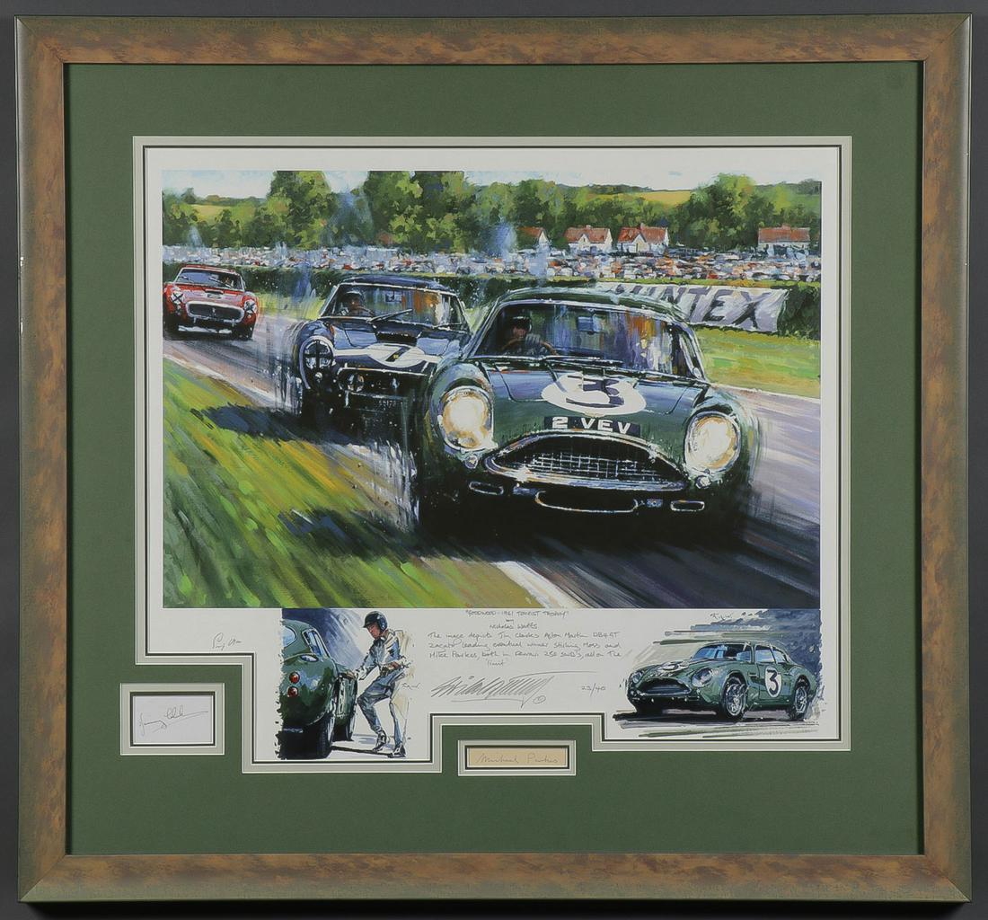 SIGNED STIRLING MOSS ART.: SIGNED STIRLING MOSS ART. Comprising a Formula One print by Nicholas Watts (British B. 1947) titled Goodwood - 1961 Tourist Trophy depicting Jim Clark in an Aston Martin in the lead ahead of eventual 