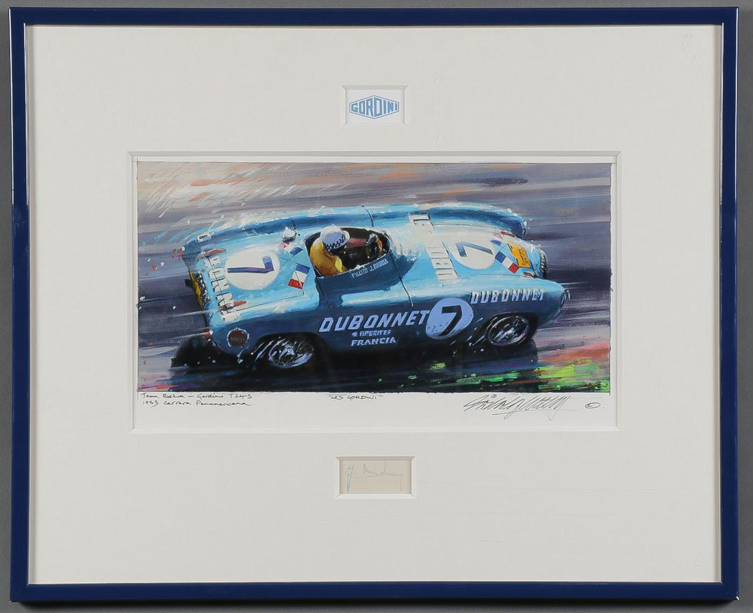 ORIGINAL FORMULA ONE PAINTING & BEHRA SIGNATURE: ORIGINAL FORMULA ONE PAINTING & BEHRA SIGNATURE. Comprising an original acrylic painting on paper by Nicholas Watts (British B. 1947) titled Les Gordini, depicting French driver Jean Behra (1921-1959)