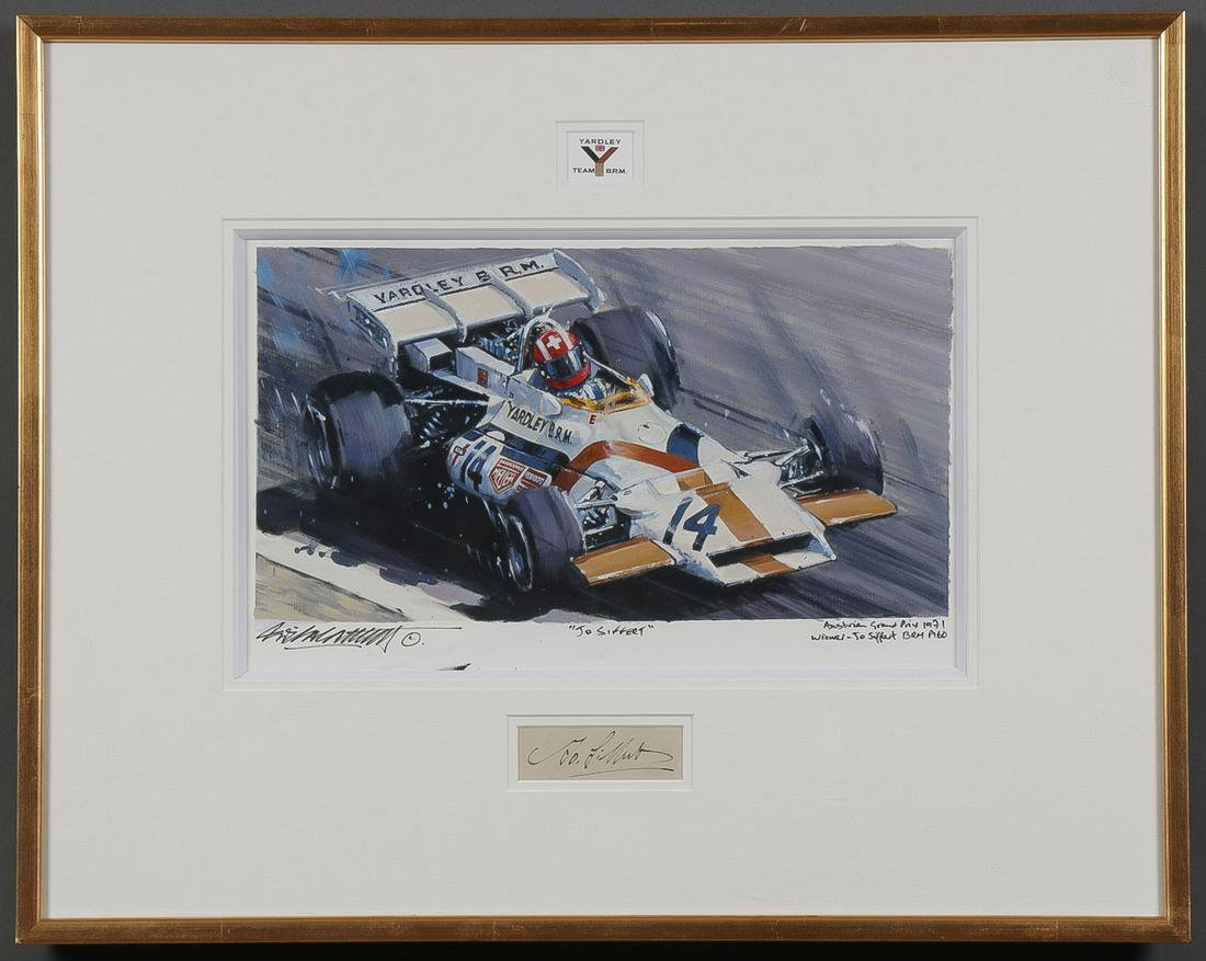 ORIGINAL JO SIFFERT PAINTING WITH SIGNATURE: ORIGINAL JO SIFFERT PAINTING WITH SIGNATURE. Comprising an original signed acrylic on paper painting by Nicholas Watts (British b. 1947) titled Jo Siffert, featuring the winning driver of the 1971 Aus