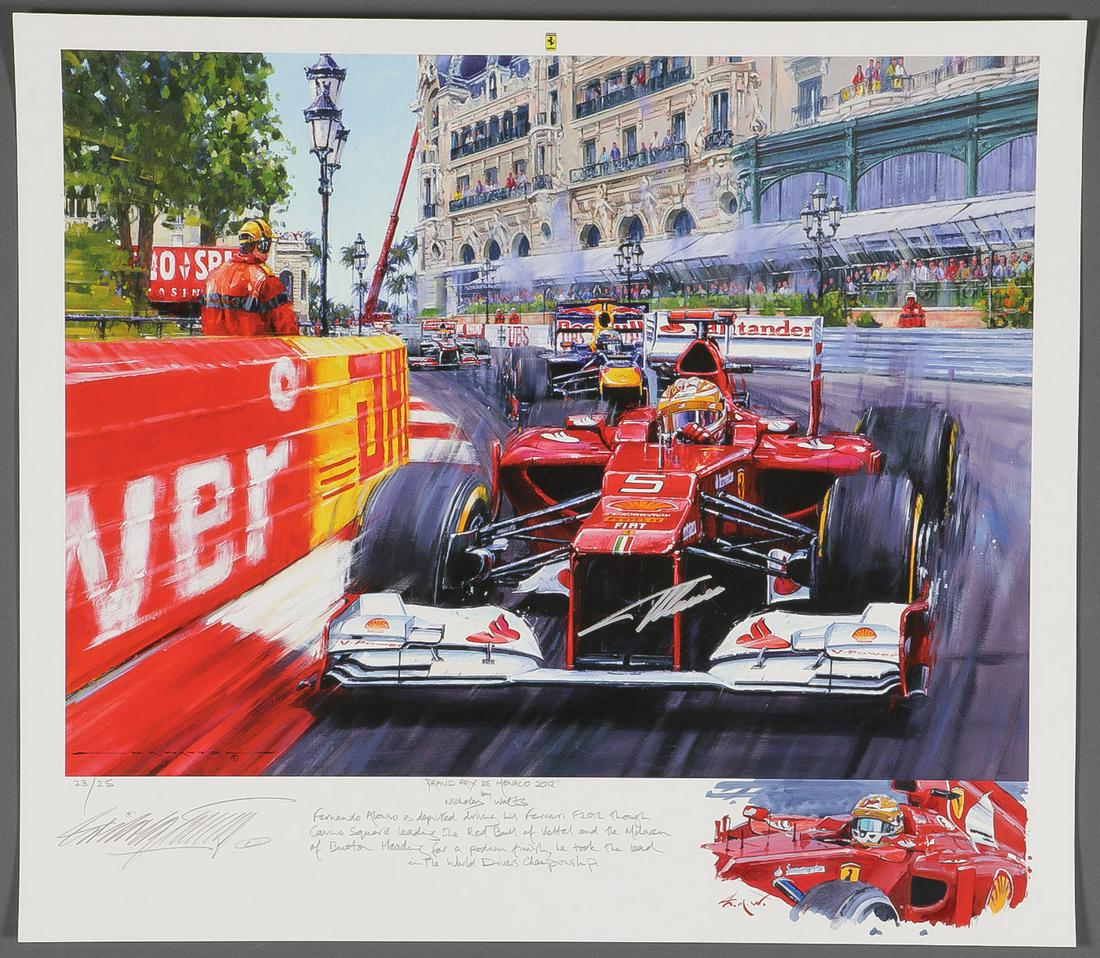 THREE FORMULA ONE PRINTS: THREE FORMULA ONE PRINTS. Comprising three unframed prints by Nicholas Watts (British B. 1947), each signed and numbered by the artist with hand-written narrative describing the scene and with certifi