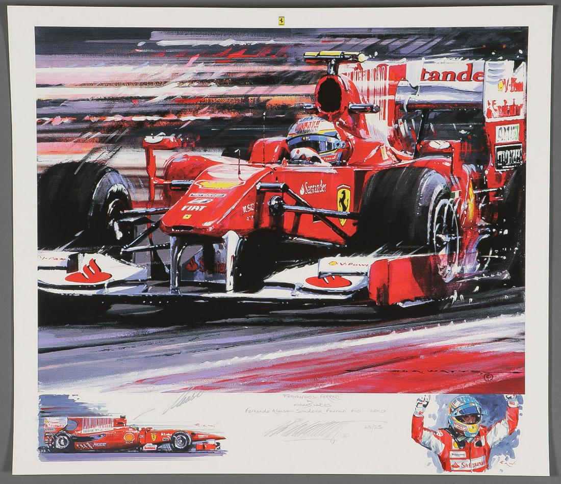 FERNANDO ALONSO ART AND SIGNATURE: TWO FERNANDO ALONSO FORMULA ONE PRINTS. Comprising two unframed prints by Nicholas Watts (British B. 1947), each signed and numbered by the artist, with two hand-painted remarques, and with certificat