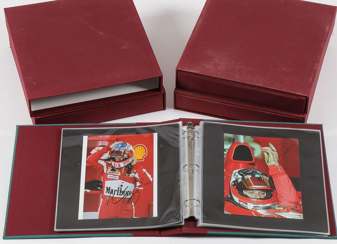 LARGE LOT OF FORMULA ONE PHOTOS: LARGE LOT OF FORMULA ONE PHOTOS. Comprising more than 260 photos in four linen-bound hard cover albums with protective sleeve filled with color photos of Formula 1 cars and drivers. 267 photos in tot
