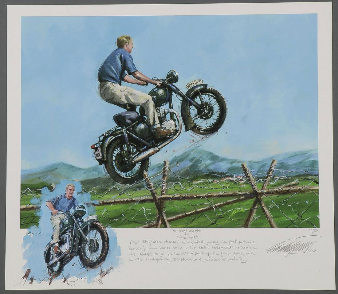 GREAT STEVE MCQUEEN AUTOGRAPH & ARTWORK: GREAT STEVE MCQUEEN AUTOGRAPH & ARTWORK. Comprising five pieces of artwork including a print by Nicholas Watts (British B. 1947) titled The Great Escape depicting an iconic scene from the movie of the