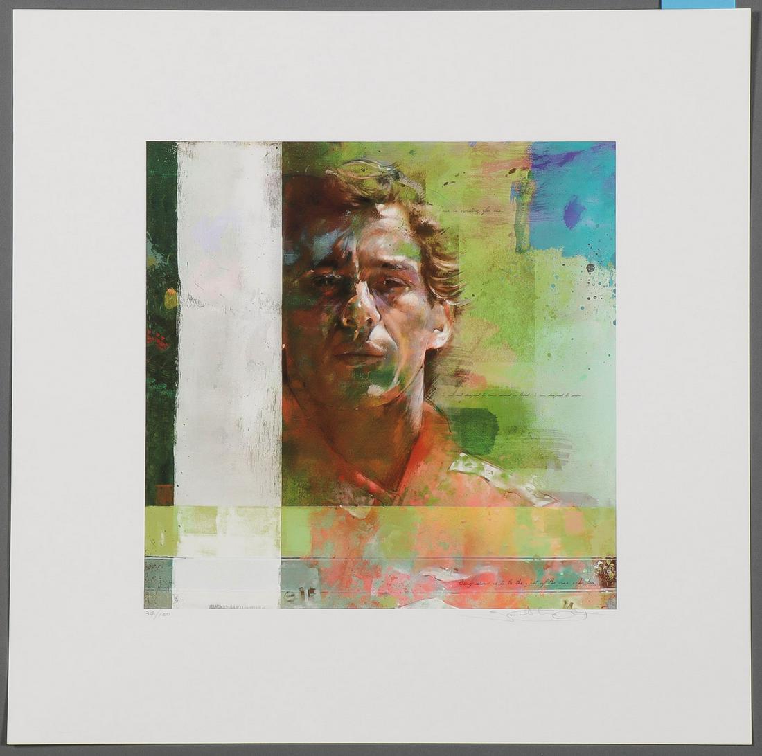 GREAT JOFF CARTER SIGNED ARTWORK: GREAT JOFF CARTER SIGNED ARTWORK. Comprising seven spectacular and original Jonathon "Joff" Carter signed and numbered prints including one framed example titled "The Quiet Champion - Jim Clark," fram