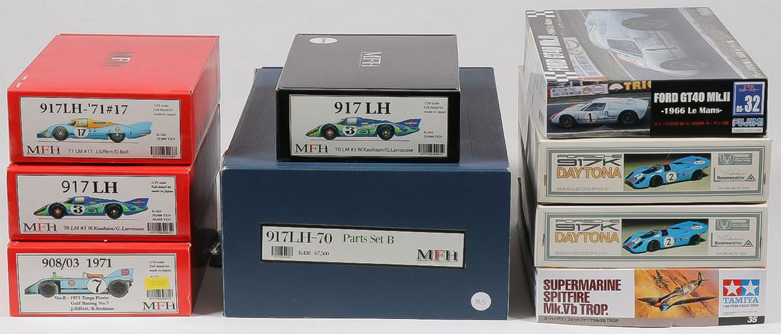 FORMULA ONE AND WWI MODEL GROUPING: FORMULA ONE AND WWI MODEL GROUPING. Comprising 14 unassembled model kits featuring five by MFH featuring a 1/12 scale 917 LH in the original box (parts set B), together with four 1/24 scale MFH model