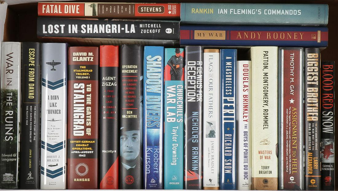 SPECTACULAR WWII LIBRARY: SPECTACULAR WWII LIBRARY. Comprising 58 individual books covering various aspects of WWII including numerous popular titles such as "Flags of Our Fathers," Bradley and Powers 2000, Bantam Books; "War 