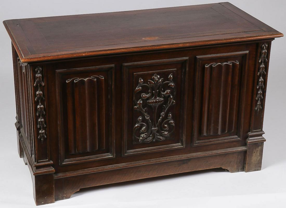 IMPRESSIVE VAMPIRE KILLING KIT: IMPRESSIVE VAMPIRE KILLING KIT. Comprising a large and impressive vampire killing kit consisting of a 19th century Gothic style wooden chest with carved lien fold panel, the hinged lid mounted with si