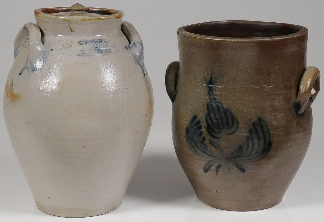 PR OF SALT GLAZED COBALT CROCKS: PR OF SALT GLAZED COBALT CROCKS. Comprising a Hartford, CT, salt-glazed lidded crock impressed GOODWIN & WEBSTER, with some cobalt glaze near handle attachments, small flake to one handle, otherwise g