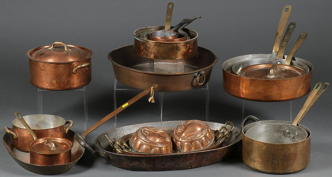 FRENCH COPPER COOKING PANS: FRENCH COPPER COOKING PANS. Comprising 20 pieces of various shapes and sizes, most marked France, greatest measurement 23 inches. SHIPPING NOTICE: Jackson's is your sole and only source for one