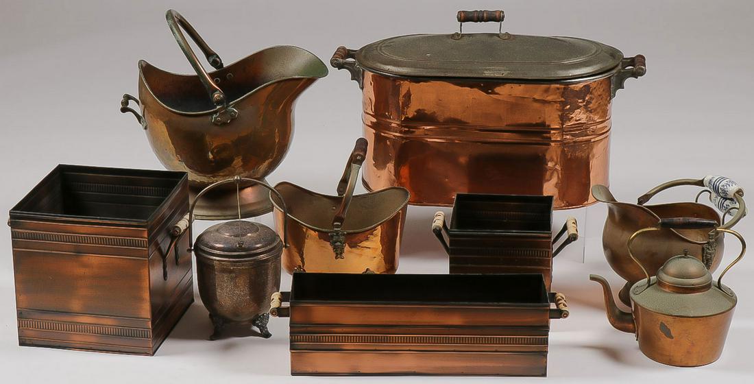 COPPER KITCHEN WARE: COPPER KITCHEN WARE. Comprising nine individual pieces of different ages, shapes, and types. Greatest size 27.5 inches. SHIPPING NOTICE: Jackson's is your sole and only source for one stop pack