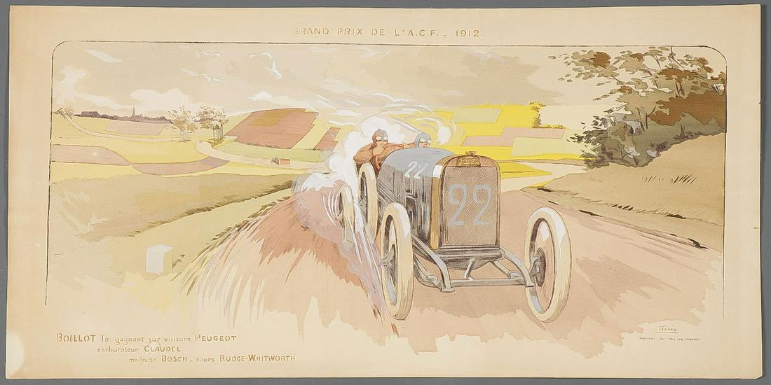 VINTAGE RACECAR & AVIATION POSTERS: VINTAGE RACECAR & AVIATION POSTERS. Comprising three color lithograph posters depicting early auto racing and one early aviation color lithograph print, including a ERNEST MONTAUT (French 1879-1909) c