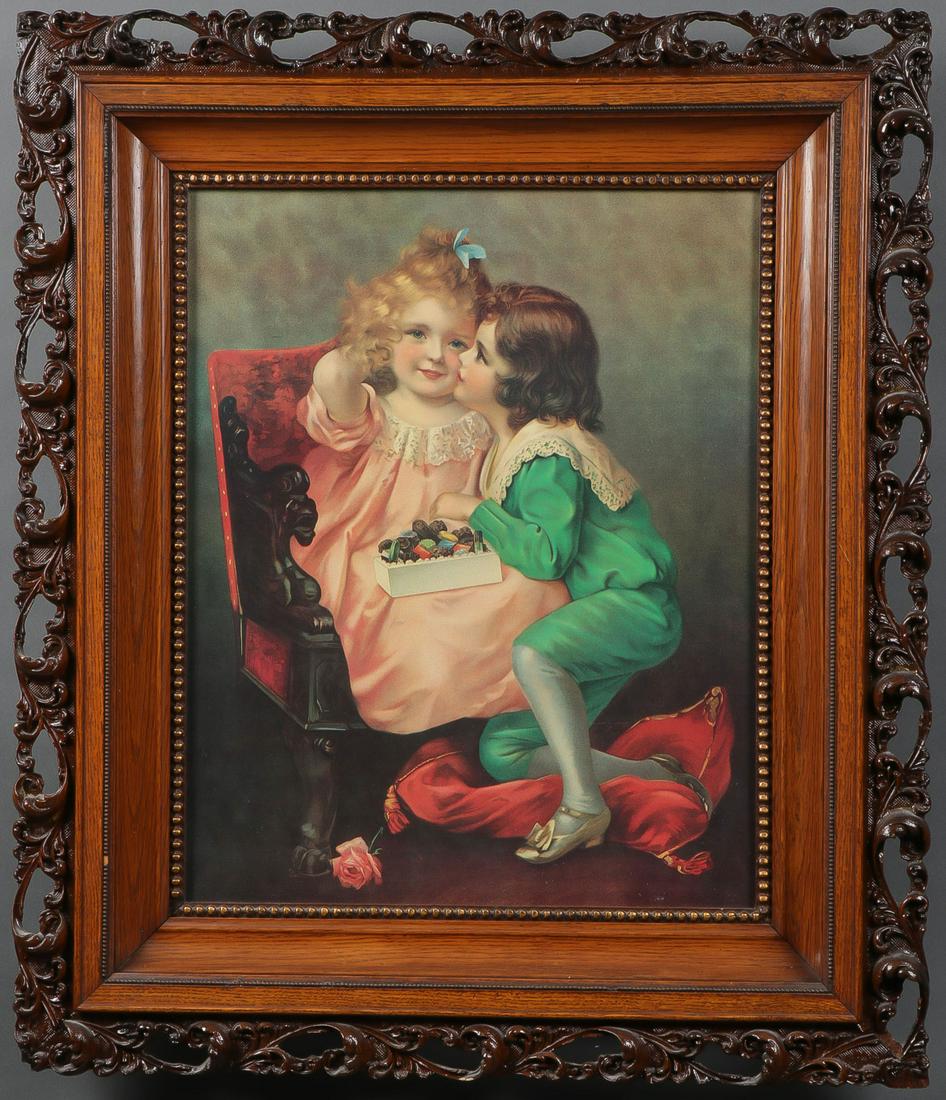 A GOOD VICTORIAN PRINT & FRAME: A GOOD VICTORIAN PRINT & FRAME. Comprising a classical Victorian chromolithograph print of children opening a box of chocolates and contained in its likely original oak frame with press molded pierced