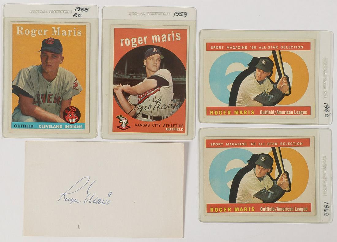 ROGER MARIS AUTOGRAPH & SPORTS CARDS: ROGER MARIS AUTOGRAPH & SPORTS CARDS. Comprising a Roger Maris autographed blank card with various certificates of authenticity (JSA), as well as four vintage Roger Maris cards, including 1958, 59, a