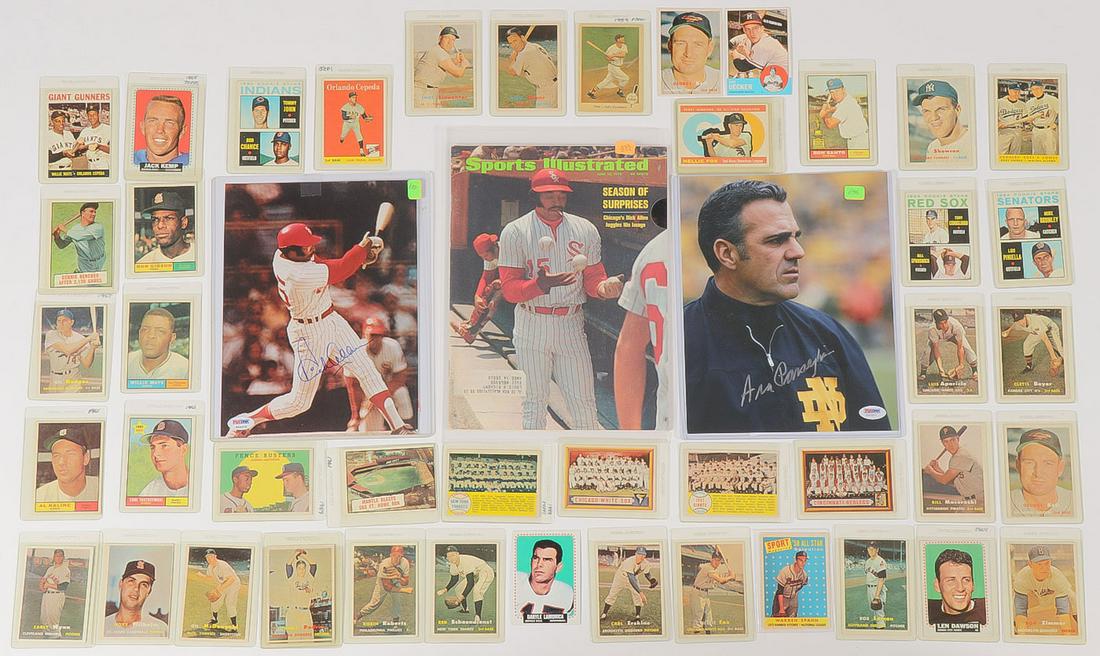 SPORTS CARDS & SPORTS MEMORABILIA: SPORTS CARDS & SPORTS MEMORABILIA. Comprising 45 sports cards, mostly baseball, circa 1957-61, including Al Kaline, Willie Mays, 1958 Yankee's team photo, as well as a few football cards including 196