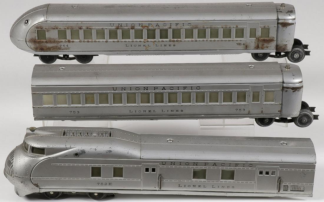 A LIONEL UNION PACIFIC TRAIN SET: A LIONEL UNION PACIFIC TRAIN SET. A three piece train set in 0 gauge Comprising a #752E engine, #753 passenger car with vestibule and #754 observation with vestibule. No box and untested. Greatest len