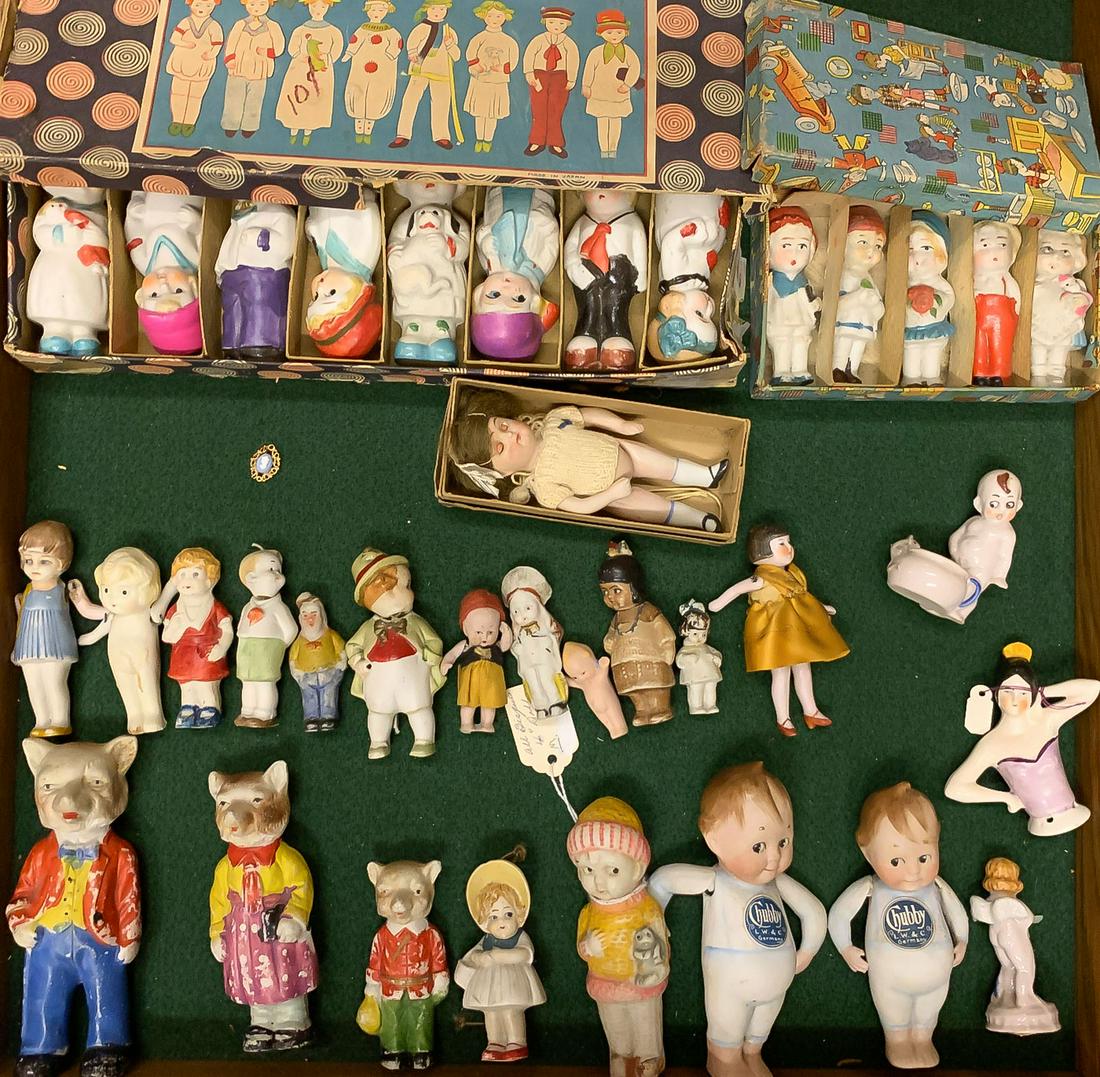 VINTAGE BISQUE CHARACTER DOLLS, C. 1900-1930: VINTAGE BISQUE CHARACTER DOLLS, C. 1900-1930. Comprising a total of 36 individual dolls, including two boxed ‘costume’ sets, two ‘Chubby’ dolls, period cartoon characters, a tiny kewpie, some 