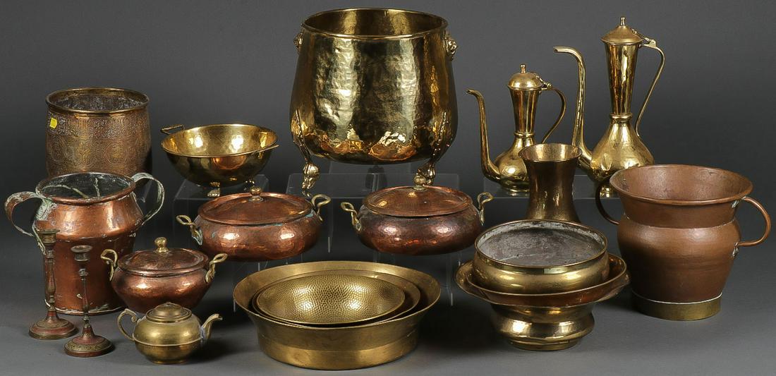 VINTAGE BRASS AND COPPER WARES: VINTAGE BRASS AND COPPER WARES. Comprising 15 individual hand-crafted brass and copper utensils of various shapes and forms, including pots, planters, vases, hot water kettle, and many bowls, and incl