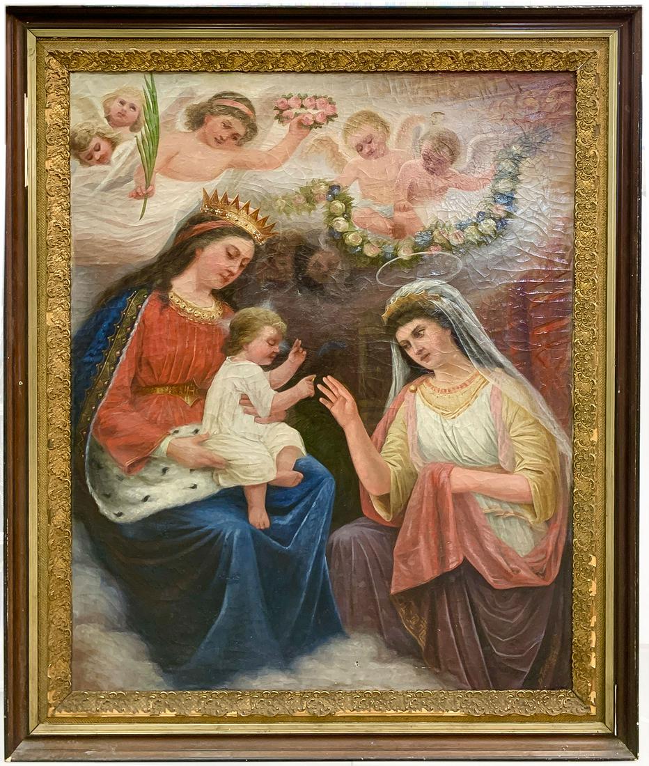 LARGE MADONNA PAINTING, 1897: GERMAN SCHOOL 1897The Mystic Marriage of St. Catherine Oil on canvasSigned lower right P. Trost and dated 189760 inches x 47 inchesSHIPPING NOTICE: Jackson's is your