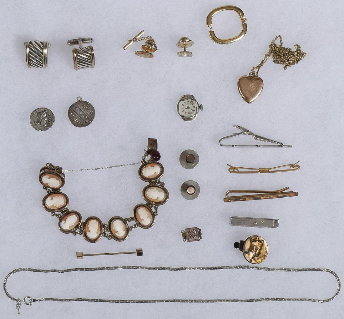 MIXED JEWELRY LOT: MIXED JEWELRY LOT Comprising 20 individual pieces including a Victorian heart shaped gold filled locket, a Victorian silver cameo bracelet, a pair of men's sterling silver D. Yurman cufflinks with 14K