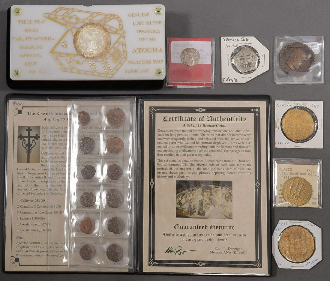 A LOT OF ANCIENT AND SILVER REPLICA SPECIMENS: A LOT OF ANCIENT AND SILVER REPLICA SPECIMENS. Comprising a Rise of Christianity in Ancient Rome set of 12 Bronze Coins, a 1545 Prussian groschen specimen, a Royal Presentation Strike of a 1621 Mexico