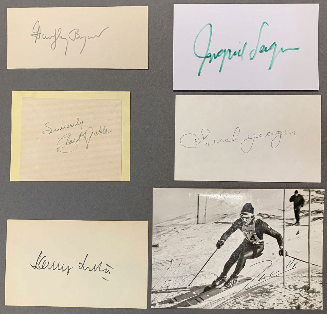6 CELEBRITY/HISTORICAL AUTOGRAPHS: 6 CELEBRITY/HISTORICAL AUTOGRAPHS. Comprising six individual signatures from top to bottom left to right: Humphry Bogart (width 5.2 inches), Ingrid Bergman (width 5 inches), Clark Gable (width 3.5 inc