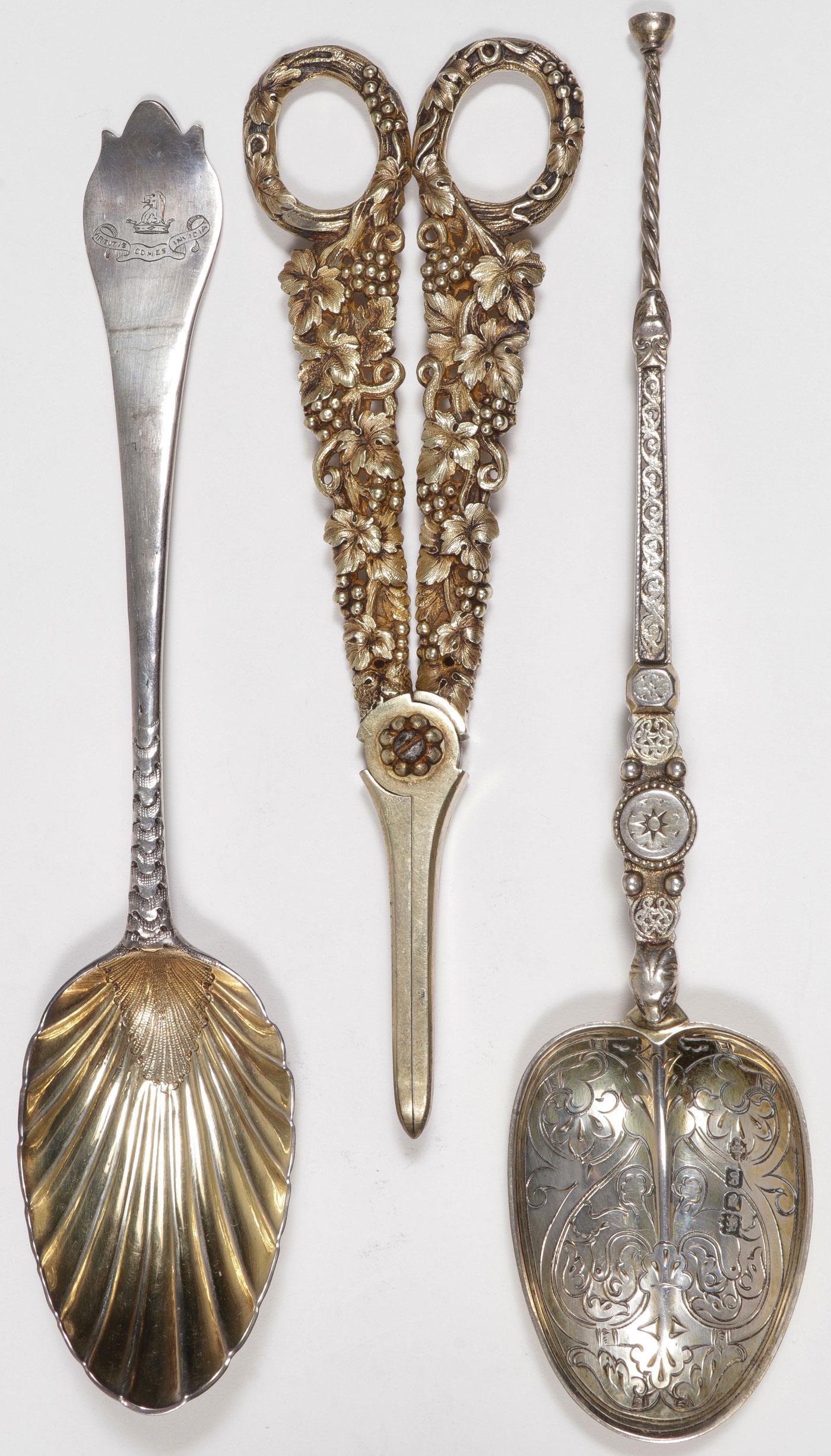 GROUP OF BRITISH STERLING, CIRCA 1736-1902: GROUP OF BRITISH STERLING, CIRCA 1736-1902. Comprising a Georgian silver-gilt caddy spoon with scallop shell bowl, the fan shaped finial engraved with presumably the Devereaux family crest and motto,