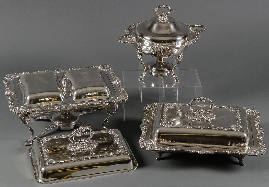 WALLACE BAROQUE SERVING PIECES: WALLACE BAROQUE SERVING PIECES. Comprising three large and impressive Wallace Baroque silver plate serving pieces including a covered double warmer and two chafing dishes, one round, the other rectang