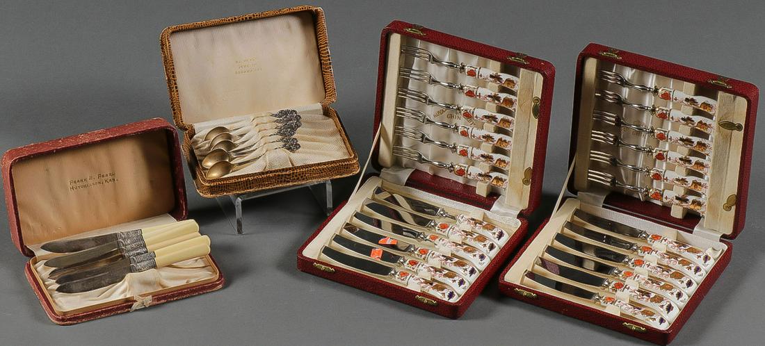 CASED FLATWARE SETS: CASED FLATWARE SETS. Comprising four individual cased flatware sets featuring two Royal Crown Derby porcelain handled 6-piece fruit fork and knife sets in original cases, as well as a bone handled six