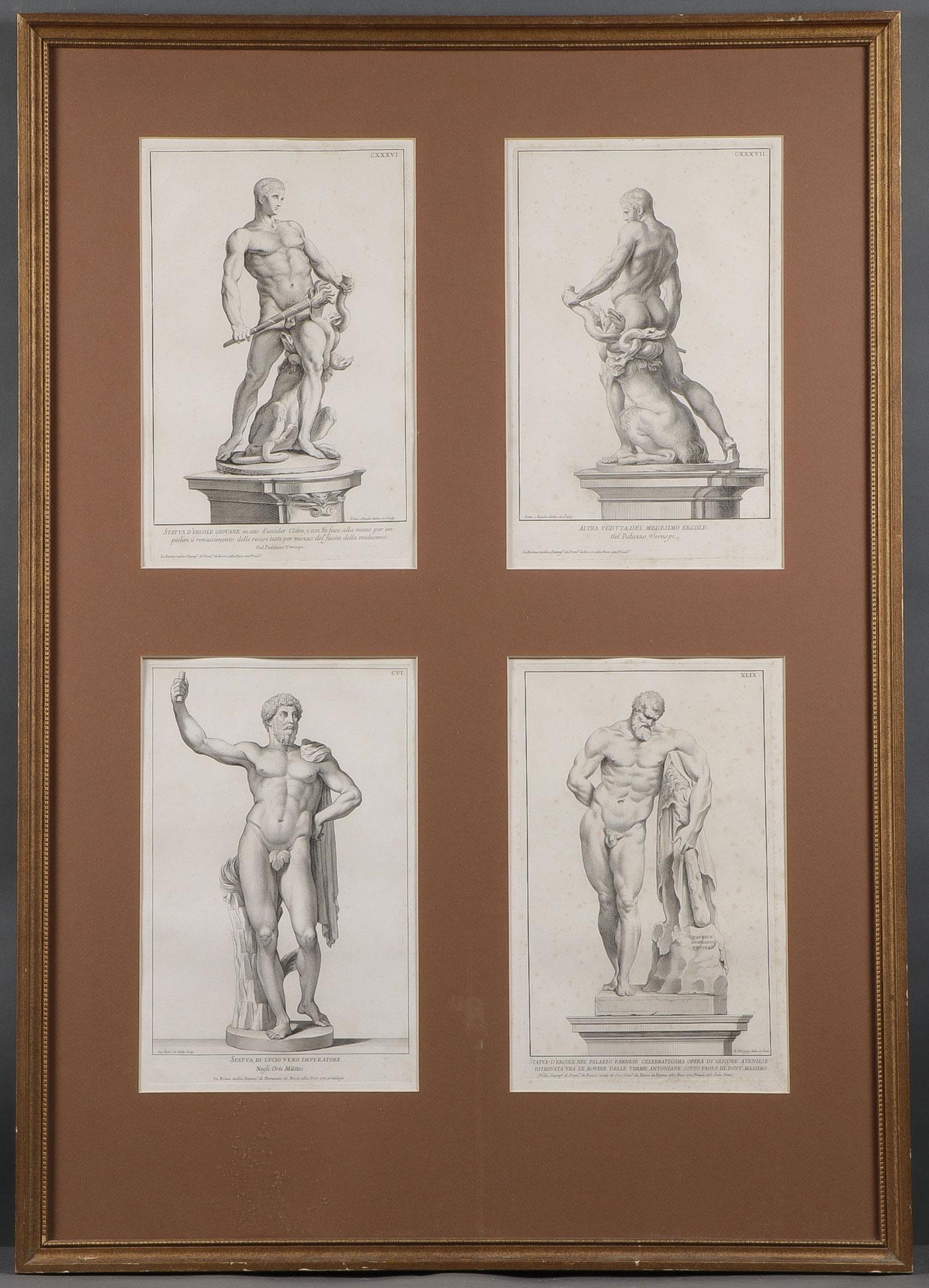 SIX 18th C CLASSICAL ITALIAN ENGRAVINGS, C 1704: SIX CLASSICAL ITALIAN ENGRAVINGS, C. 1704. Group of six engravings from Raccolta di Statue Antiche e Monderne, Domenico de Rossi, Rome, 1704. With engravings by Francesco Aquila, Claude Randon, Nicola