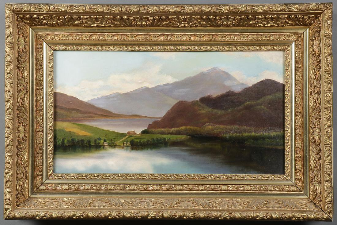 THREE VINTAGE OIL PAINTINGS: THREE VINTAGE OIL PAINTINGS. Comprising an oil on canvas Hudson River School style landscape contained in a vintage press-molded gilt frame, the painting unsigned, and measuring 12 inches x 22 inches.
