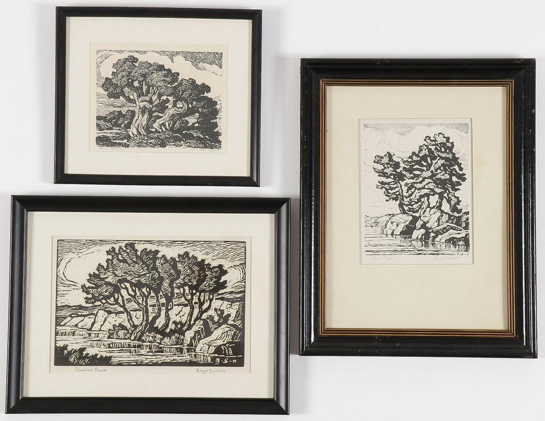 THREE SIGNED BIRGER SANDZEN PRINTS & BOOKS: THREE SIGNED BIRGER SANDZEN PRINTS & BOOKS. Comprising three Birger Sandzen (1871-1954) woodblock prints including Kansas Creek, signed and titled in pencil, image size 6 inches x 8.9 inches, a lithog