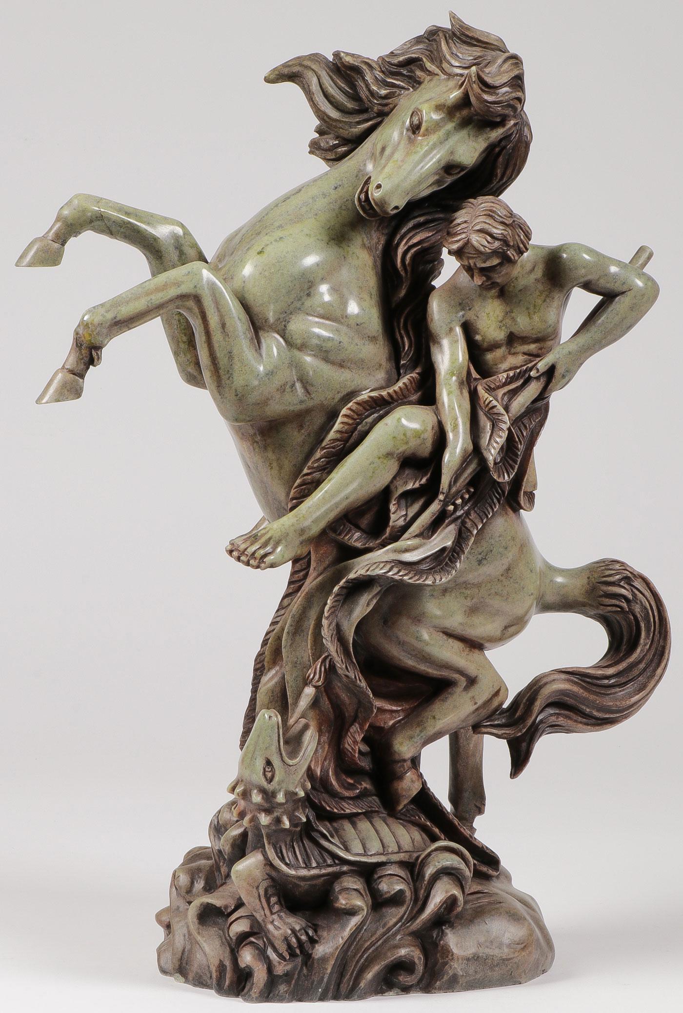 CARVED MARBLE ST. GEORGE STATUE: CARVED MARBLE ST. GEORGE STATUE. Comprising an impressive carved green marble figure of St. George slaying a dragon beneath him. Carved in full round, of good proportions and anatomy, overall height