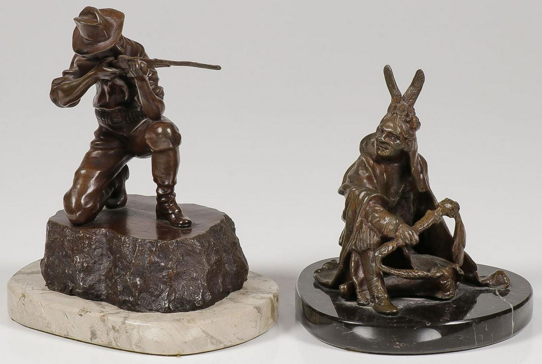 PAIR OF BRONZE WESTERN SCULPTURES: PAIR OF BRONZE WESTERN SCULPTURES. Depicting a kneeling Indian Wars cavalry soldier sighting his rifle and resting on a polished stone base, sculpted in full-round with good detail and dark brown pati