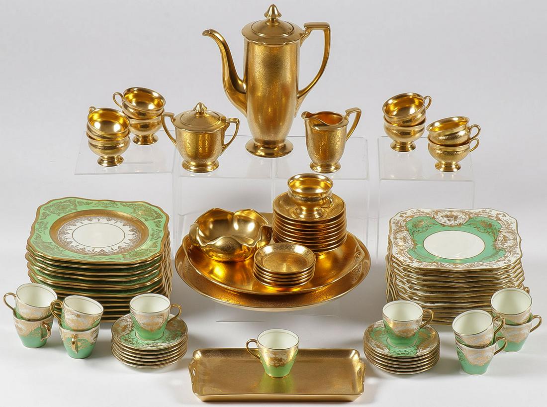 75 PIECES TABLEWARE INCLUDING ROYAL DOULTON: 75 PIECES TABLEWARE INCLUDING ROYAL DOULTON. Comprising a 35-piece Royal Doulton partial dessert service for 12, heavily decorated in a gilt foliage pattern over a green and white ground, and includin