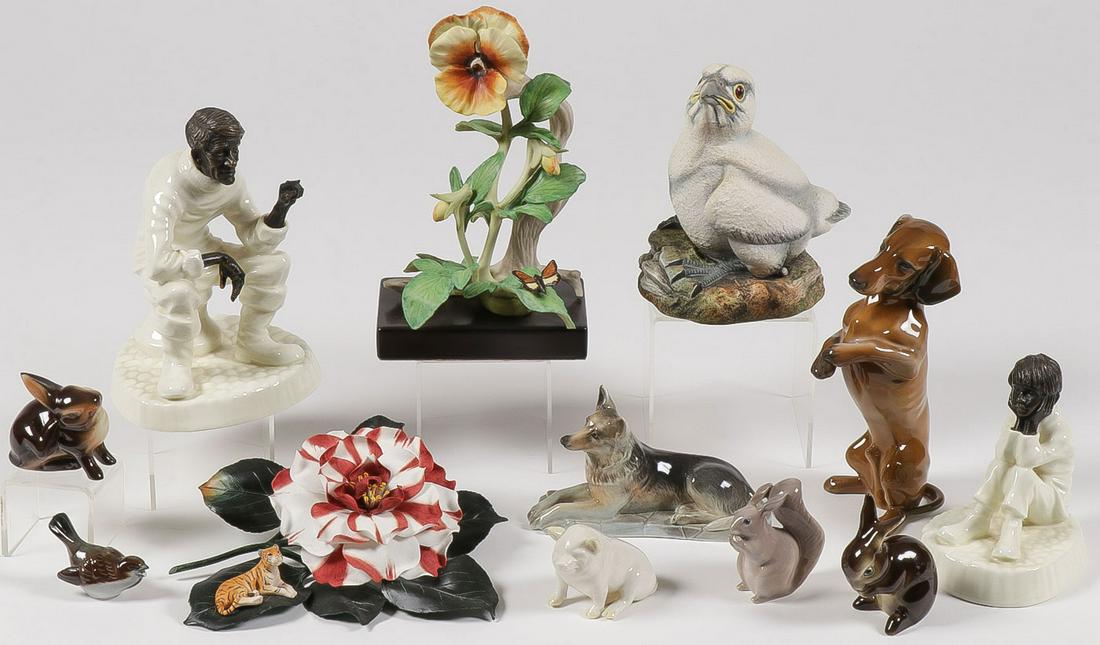 13 EUROPEAN PORCELAIN FIGURINES: 13 EUROPEAN PORCELAIN FIGURINES. Comprising a delicate "Fleur Cowles" exotic flower with tiger, numbered on base 89/950, a Boehm porcelain eaglet, and a pair of Cybis porcelains including a frog and