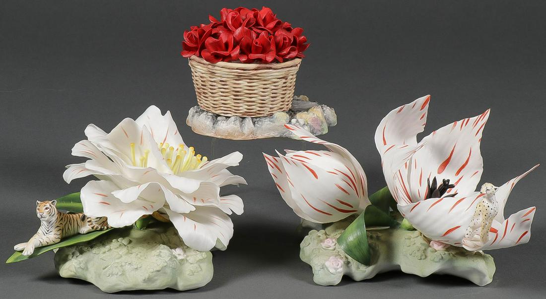 PAIR CONNOISSEUR OF MALVERN PORCELAIN FLOWERS: PAIR OF CONNOISSEUR OF MALVERN PORCELAIN FLOWERS. Comprising "Camellia with Tiger "and "Tulip with Cheetah," some losses. Together with a Fleur Cowles porcelain basket of roses. Greatest measurement