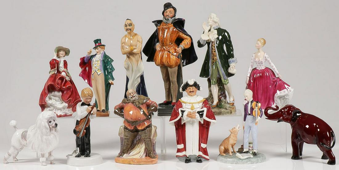 12 ROYAL DOULTON FIGURINES: 12 ROYAL DOULTON FIGURINES. Comprising an assorted lot of various figures including "Sir Walter Raleigh," "The Mayer, ""The Genie," a standing standard poodle and others as shown. Greatest height 12 i