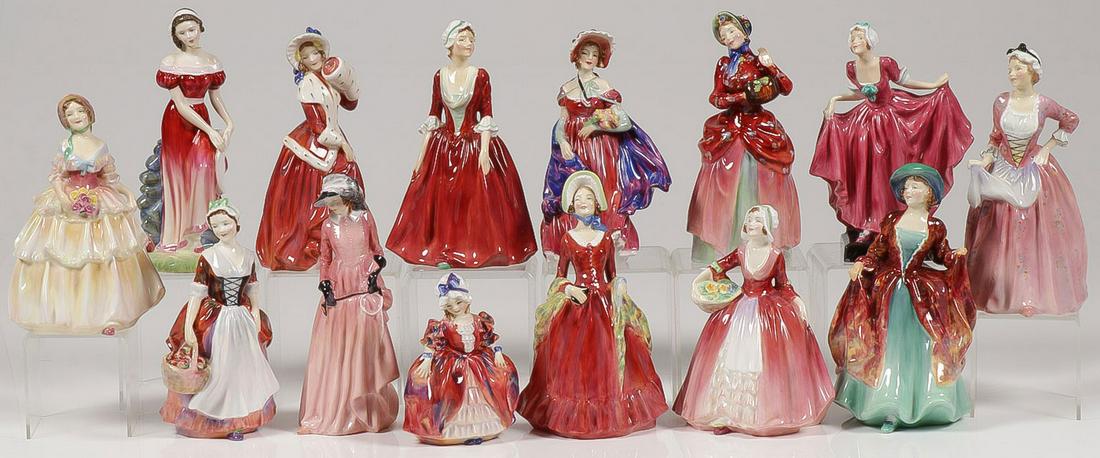 14 ROYAL DOULTON FIGURINES: 14 ROYAL DOULTON FIGURINES. Comprising standing bonneted beauties in long flowing dresses including "Sabbath Morn," "Mary Jane," and "Jemma" and others as shown. Greatest height 7.75 inches. SHIPPING 