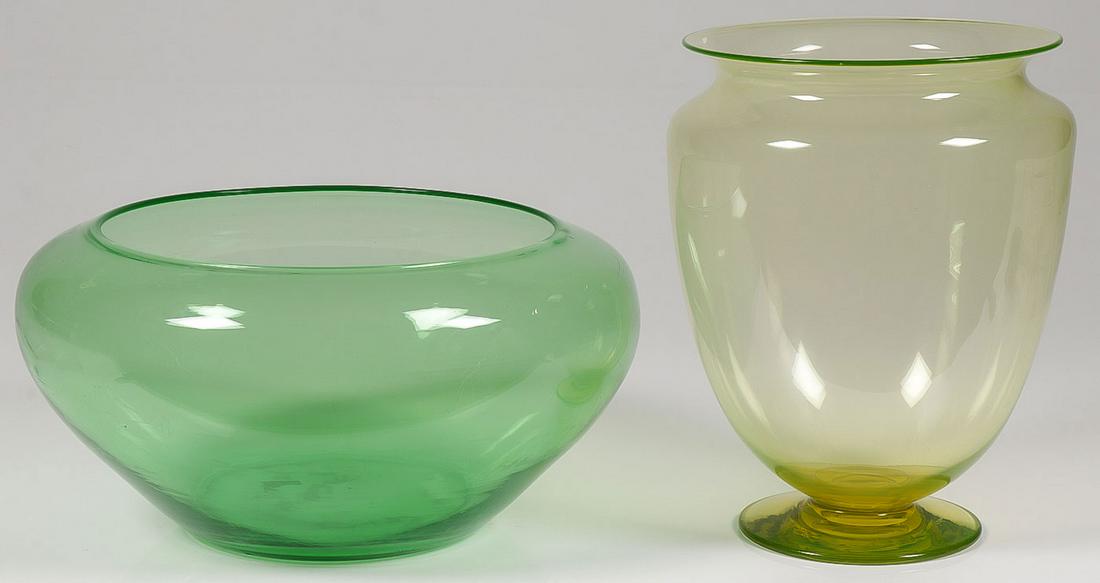 PAIR OF LIKELY STEUBEN VASES: PAIR OF LIKELY STEUBEN VASES. Comprising a large green vase and a large Vaseline glass vase of high quality. One with polished pontil, apparently unmarked. Greatest height 12.25 inches. SHIPPING NOTIC