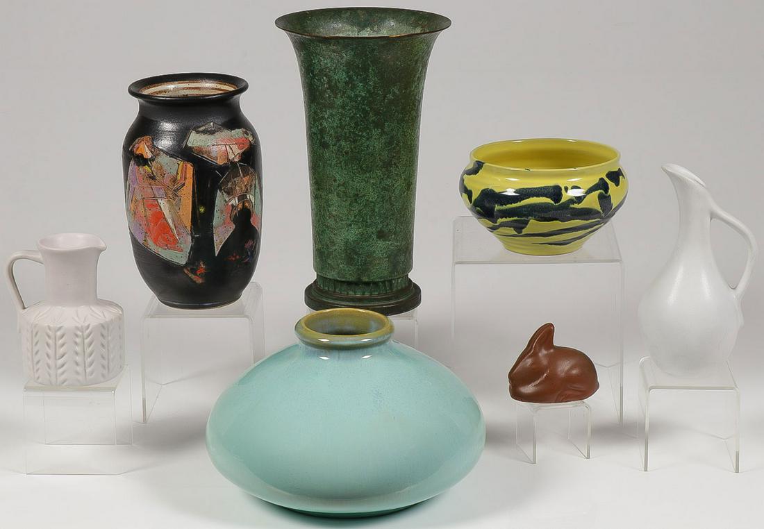 VAN BRIGGLE AND FULPER ART POTTERY: VAN BRIGGLE AND FULPER ART POTTERY. Comprising four pieces of Van Briggle including a rabbit, two ewers, and yellow bowl. Together with a squat form turquoise Fulper vase, as well as a patinated coppe