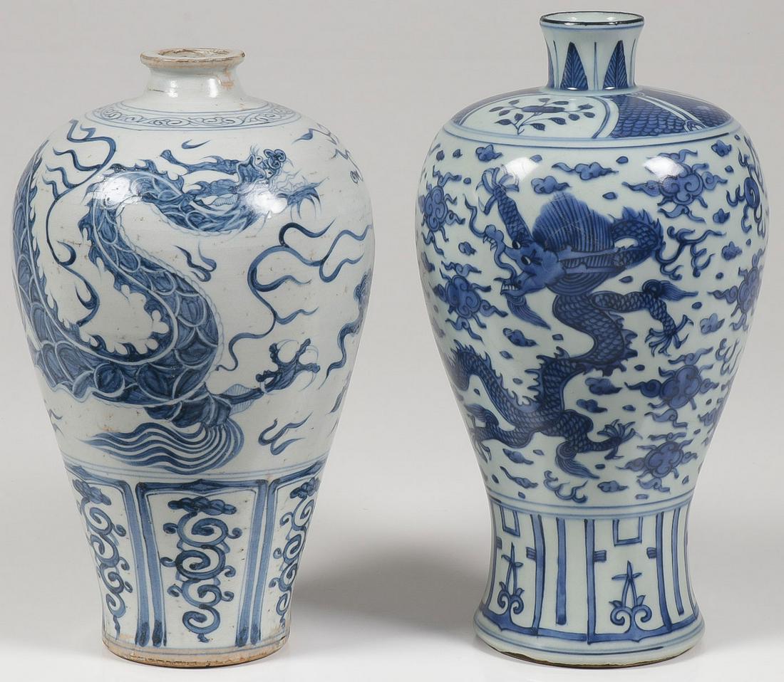 CHINESE BLUE AND WHITE MEIPING DRAGON VASES: A PAIR OF CHINESE BLUE AND WHITE MEIPING DRAGON VASES. The bodies overall decorated with dragons, clouds, and other Buddhist symbolism. Greatest height 12.75 inches (32 cm) SHIPPING NOTICE: Jackson&#