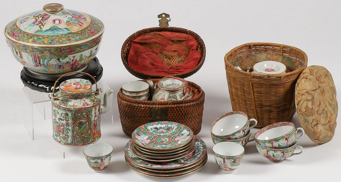 CHINESE CANTON WARE GROUP: CHINESE CANTON WARE GROUP. Comprising three vases of different shapes, surfaces, and glazes, including a moss green tea dust vase with deer heads and impressed reign mark on underside of base, togethe