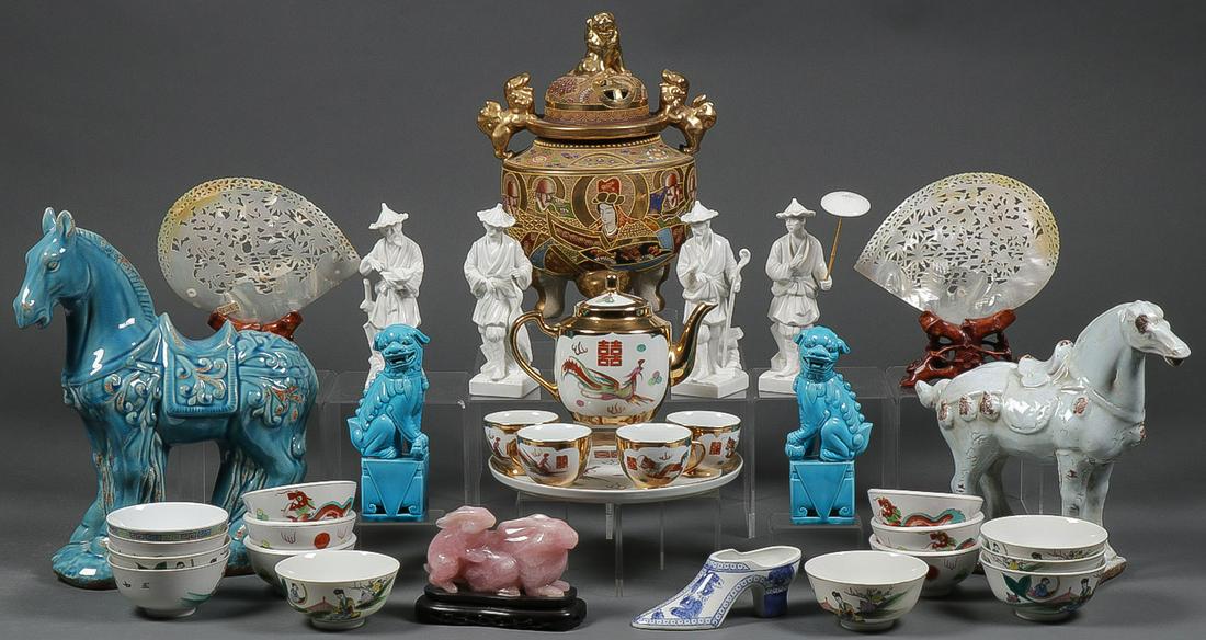 A LARGE ASIAN DECORATIVE ARTS GROUP: A LARGE ASIAN DECORATIVE ARTS GROUP. Comprising over 30 individual pieces including Japanese, Chinese, and European wares including a large Satsuma covered censer, four Fitz and Floyd blanc-du-chine f