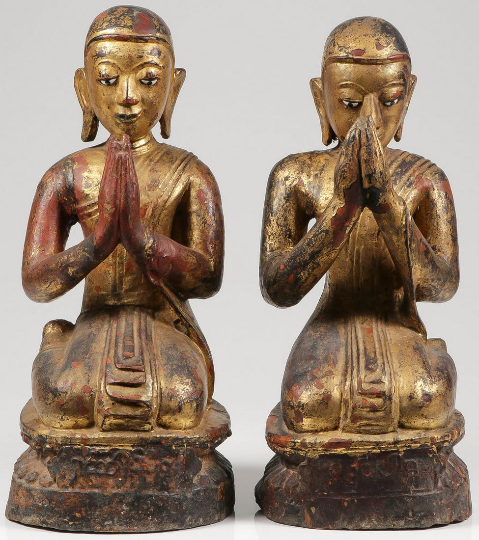 A PAIR OF BUDDHIST GILTWOOD DISCIPLES: A PAIR OF BUDDHIST GILTWOOD DISCIPLES. Comprising two gilt and lacquer sculptures of Buddhist attendants each depicted in kneeling form with hands in prayer. Height 23.5 inches (60 cm). SHIPPING NOTIC