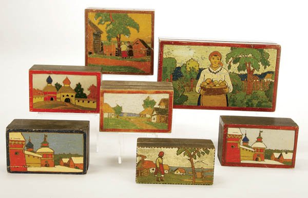7 RUSSIAN POLYCHROME AND PYROGRAPH BOXES circa 19